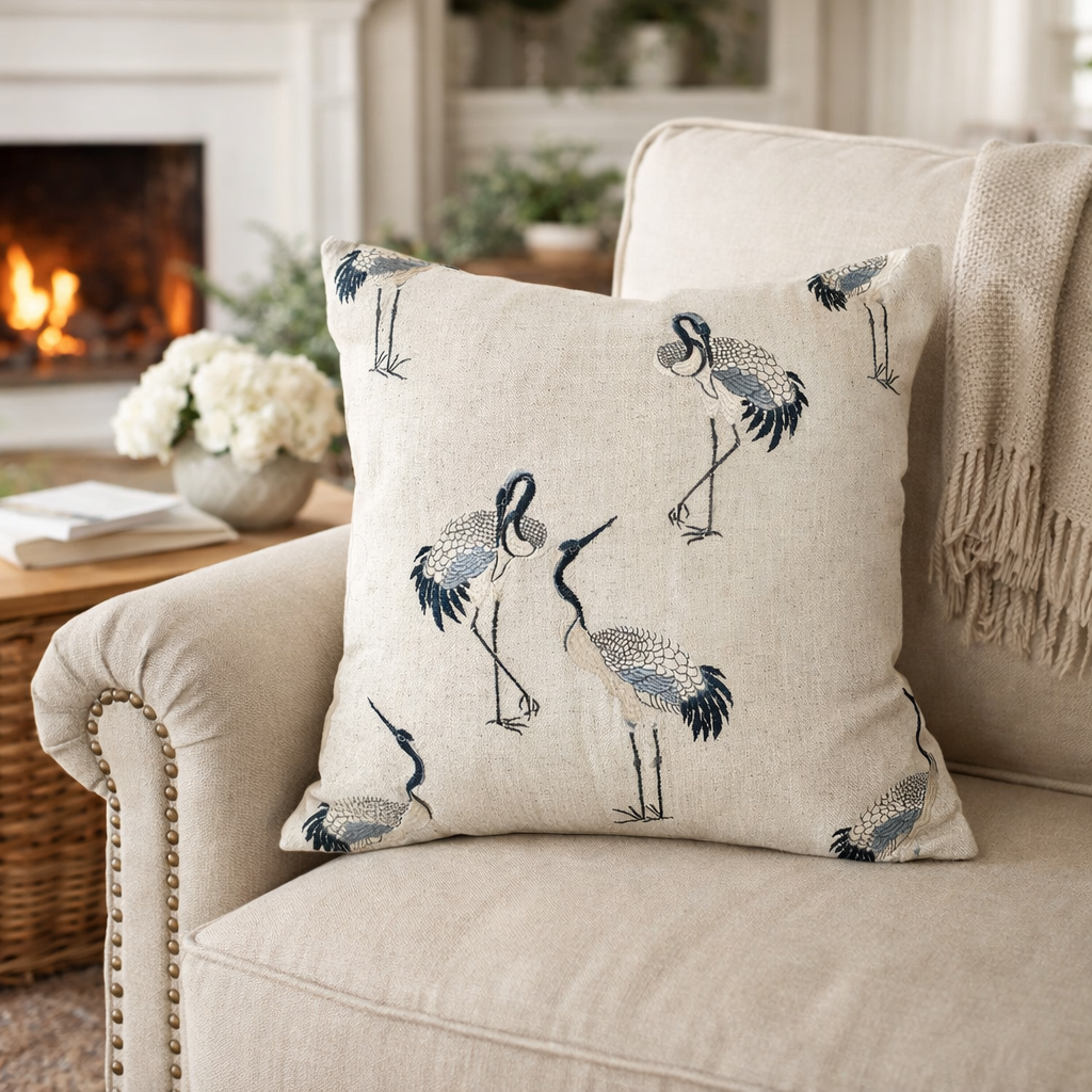 Embroidered crane pillow